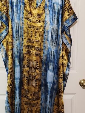 Vintage White Stag Blue and Gold Patterned Caftan Muu Muu Porch Dress